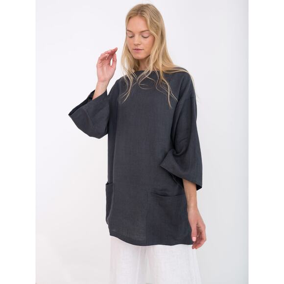 Love and Confuse Alexis Linen Tunic Top Black Front Pocket Lightweight Elegant - Picture 8 of 10